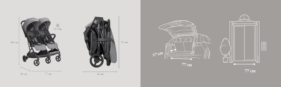 imagen detallada de medidas y pesos de la silla de paseo gemelar inglesina Twin Sketch